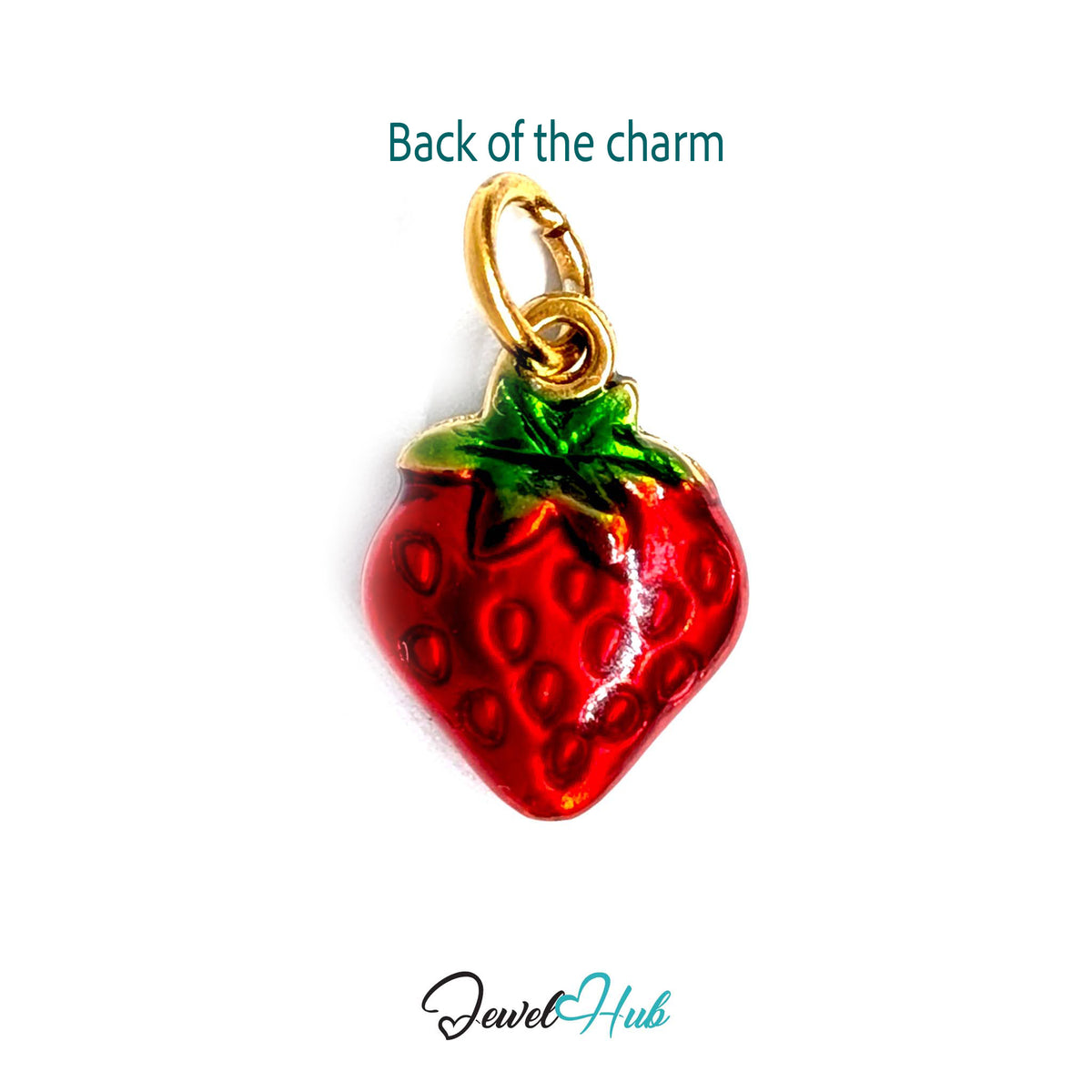 Back of the gold-tone red enamel strawberry charm showing the sculpted reverse - JewelHub
