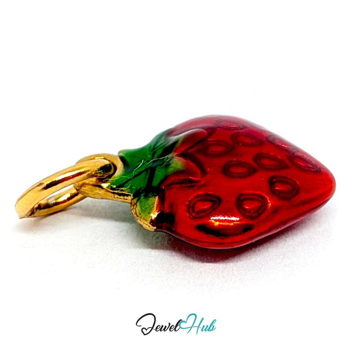 Side view of the gold-tone red enamel strawberry charm - JewelHub