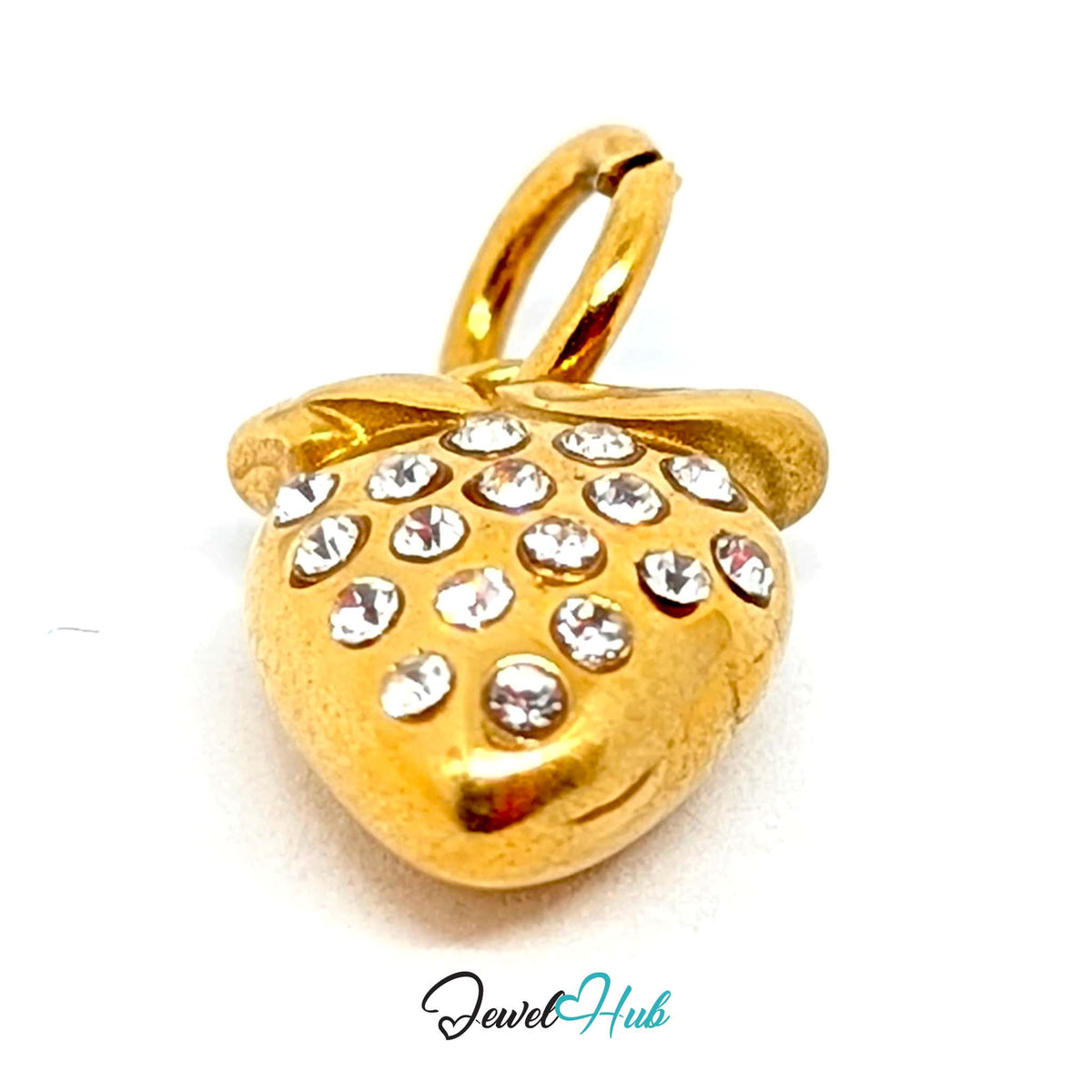 Angled view of the gold-tone crystal strawberry charm - JewelHub
