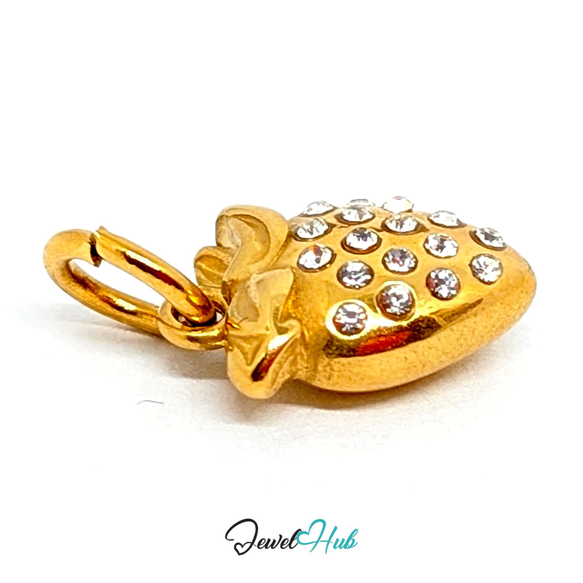 Side view of the gold-tone crystal strawberry charm - JewelHub