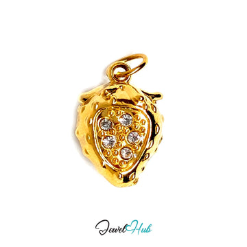 3D crystal strawberry charm in gold-tone stainless steel, with clear glue-set crystals - JewelHub