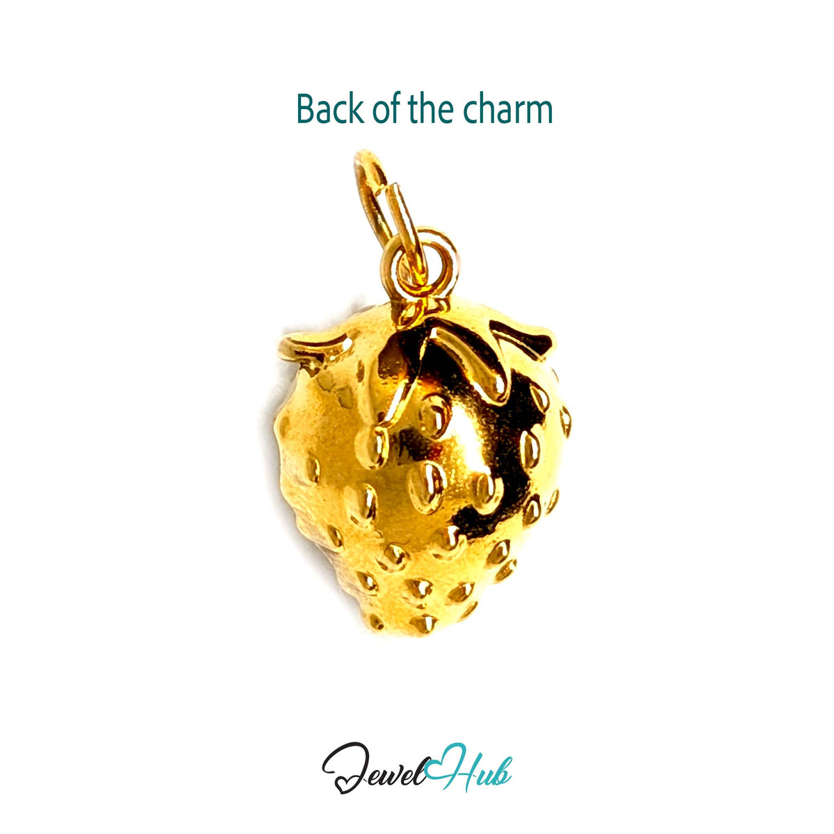 Back of the gold-tone 3D crystal strawberry charm showing the sculpted reverse - JewelHub