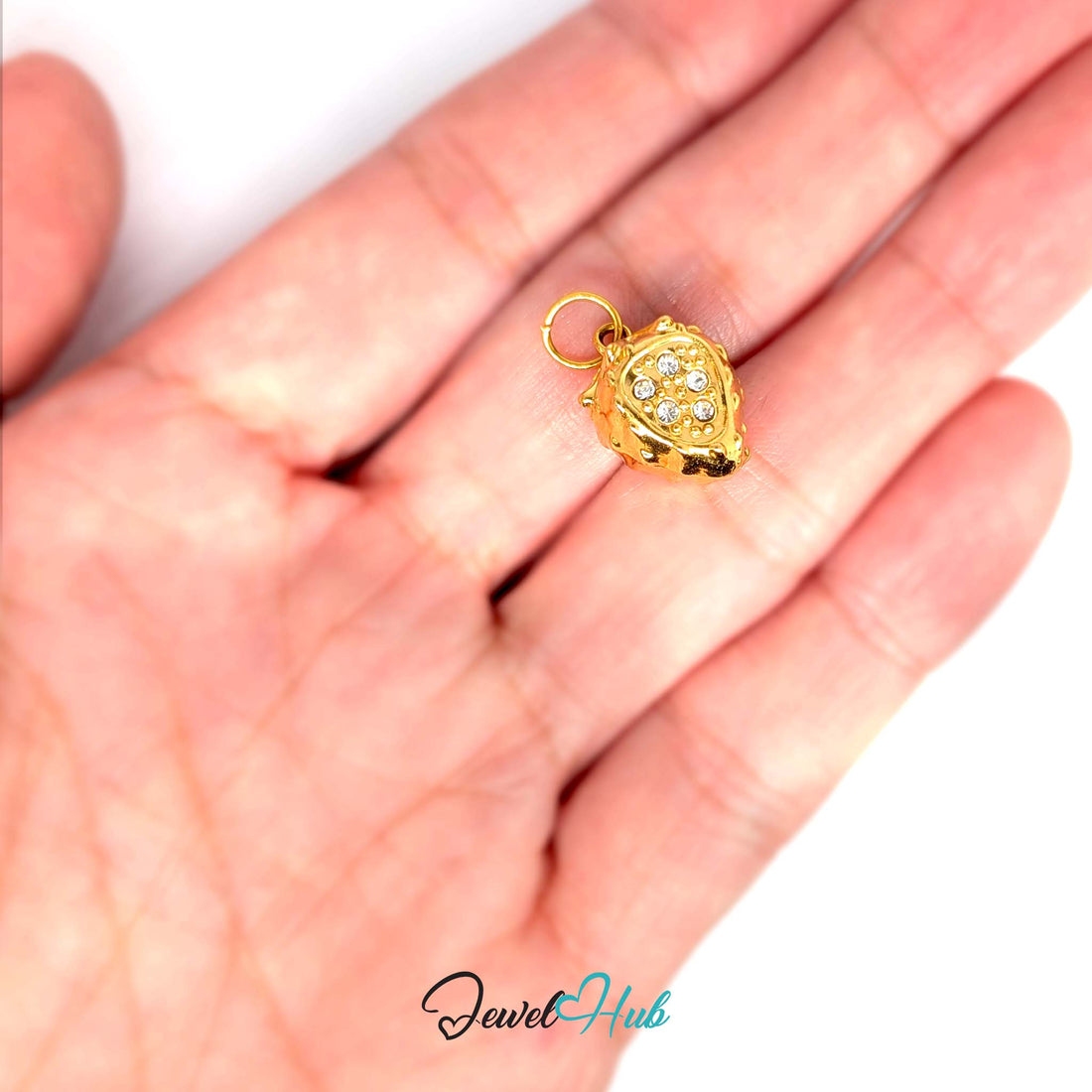 3D crystal strawberry charm in gold-tone stainless steel, with clear glue-set crystals - JewelHub