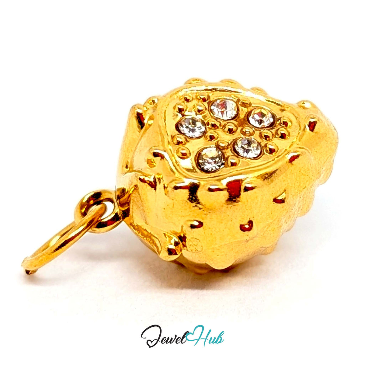 Angled view of the gold-tone 3D crystal strawberry charm - JewelHub