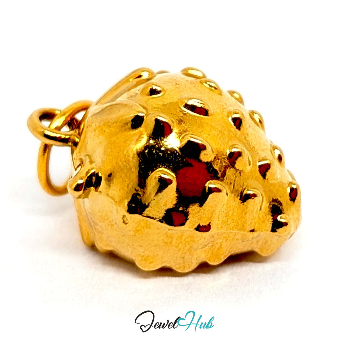 Side view of the gold-tone 3D crystal strawberry charm - JewelHub