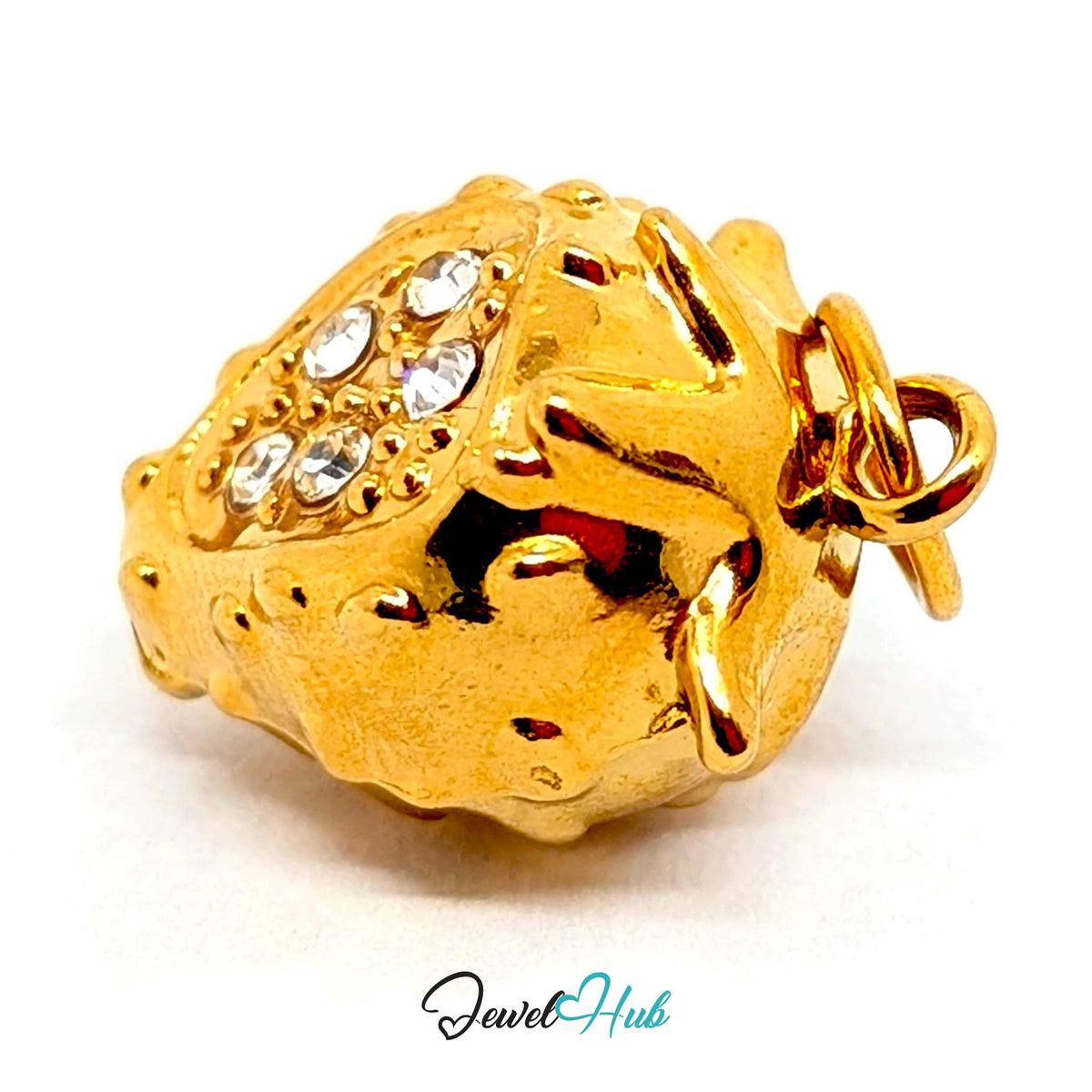 Close-up of the gold-tone 3D crystal strawberry charm detail - JewelHub