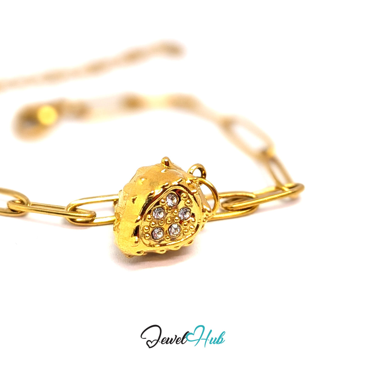 Gold-tone 3D crystal strawberry charm styled on a gold paperclip chain bracelet - JewelHub