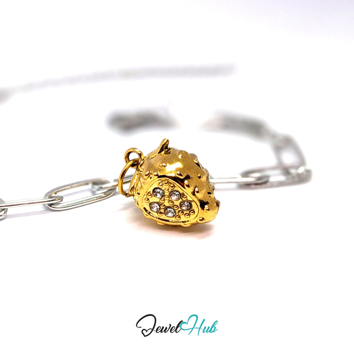 Gold-tone 3D crystal strawberry charm styled on a silver paperclip chain bracelet for a two-tone look - JewelHub
