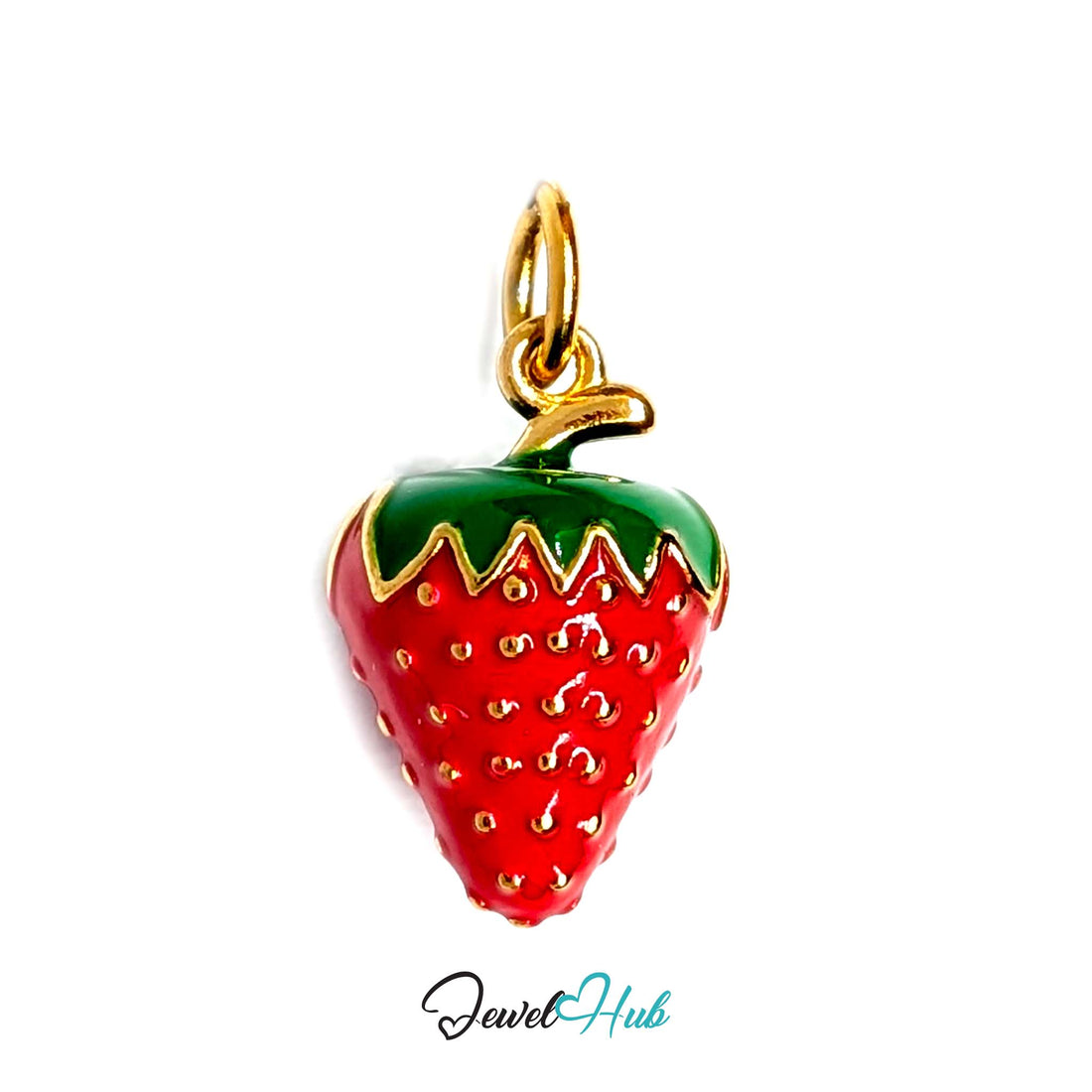 3D red enamel strawberry charm in gold-tone stainless steel - JewelHub