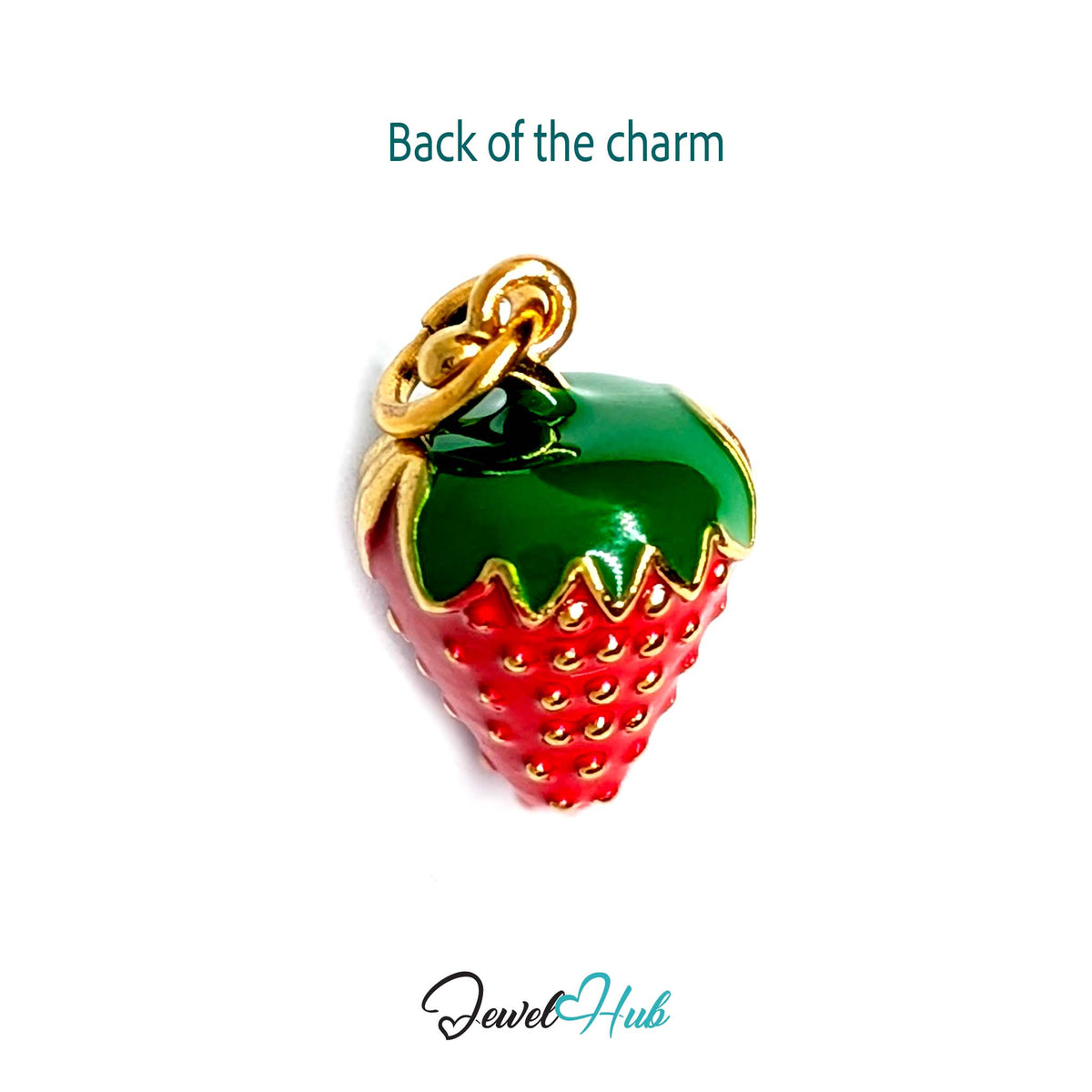Back of the gold-tone 3D red enamel strawberry charm showing the sculpted reverse - JewelHub