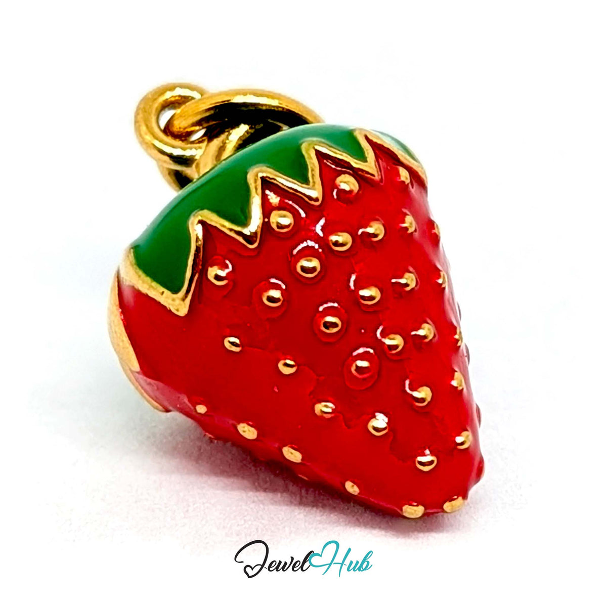 Side view of the gold-tone 3D red enamel strawberry charm - JewelHub