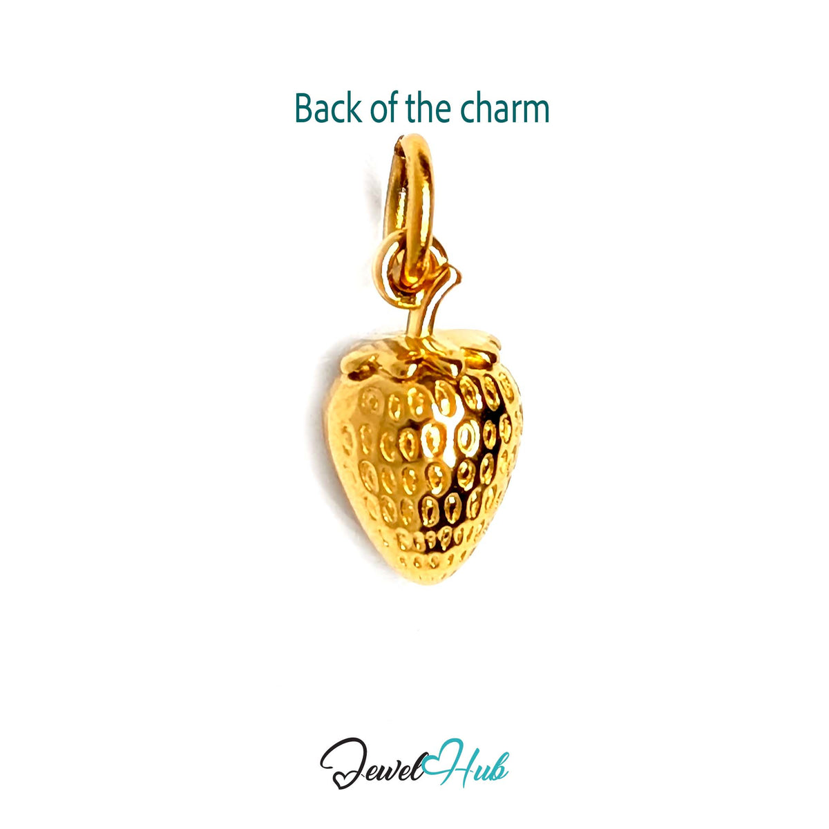Back of the gold-tone mini 3D strawberry charm showing the sculpted reverse - JewelHub