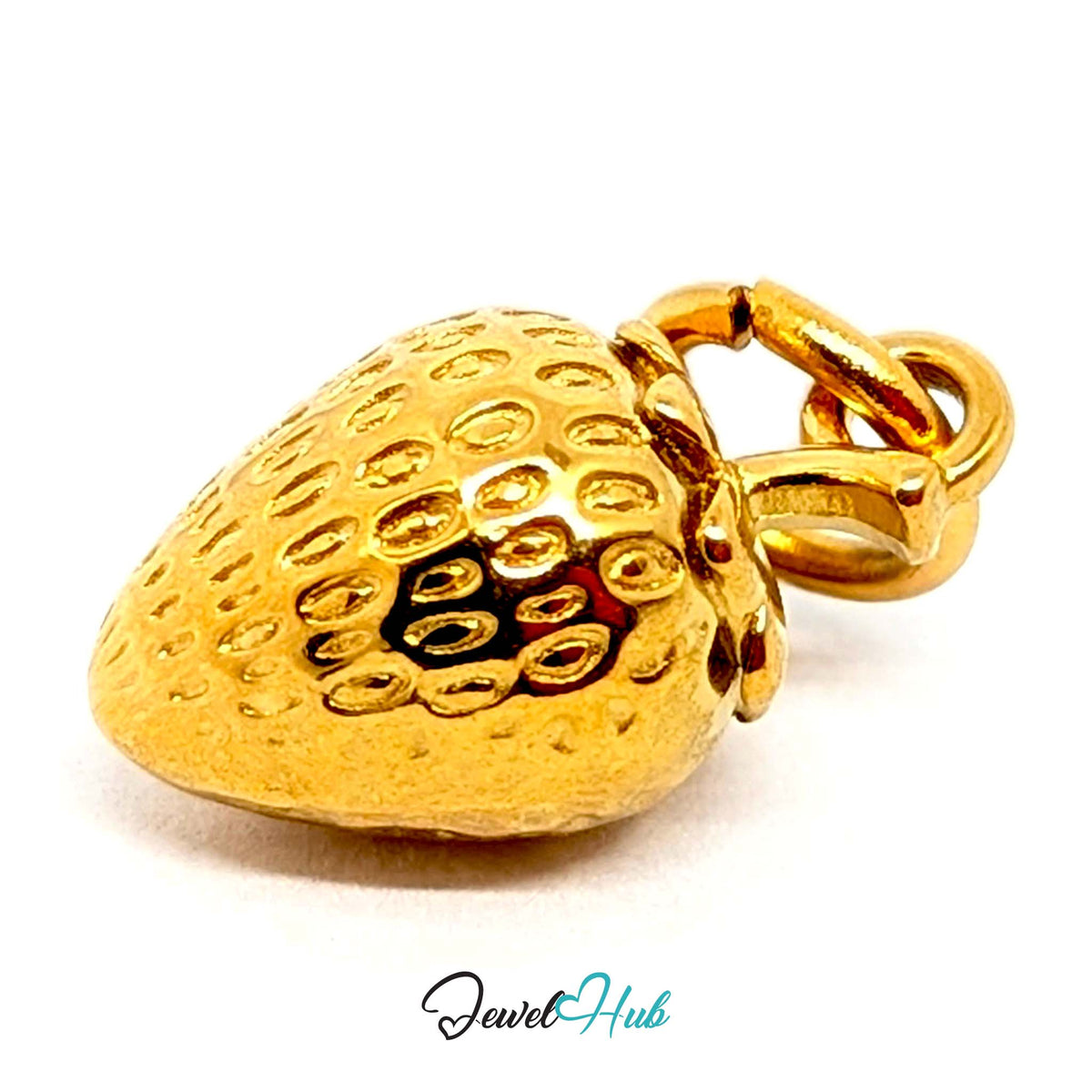 Angled view of the gold-tone mini 3D strawberry charm - JewelHub