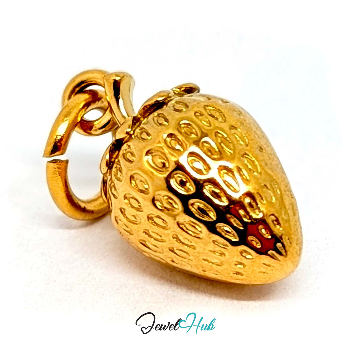 Side view of the gold-tone mini 3D strawberry charm - JewelHub