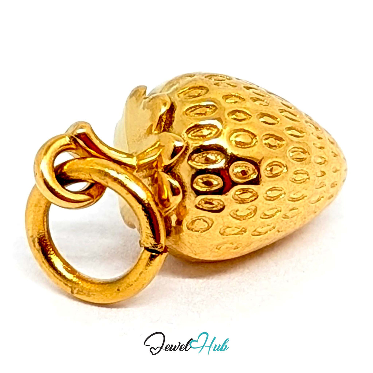 Close-up of the gold-tone mini 3D strawberry charm detail - JewelHub