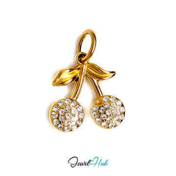 Crystal cherry charm in gold-tone stainless steel, with clear glue-set crystals - JewelHub