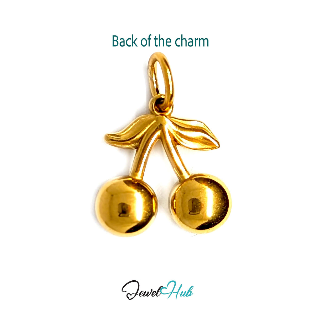 Back of the gold-tone crystal cherry charm showing the sculpted reverse - JewelHub