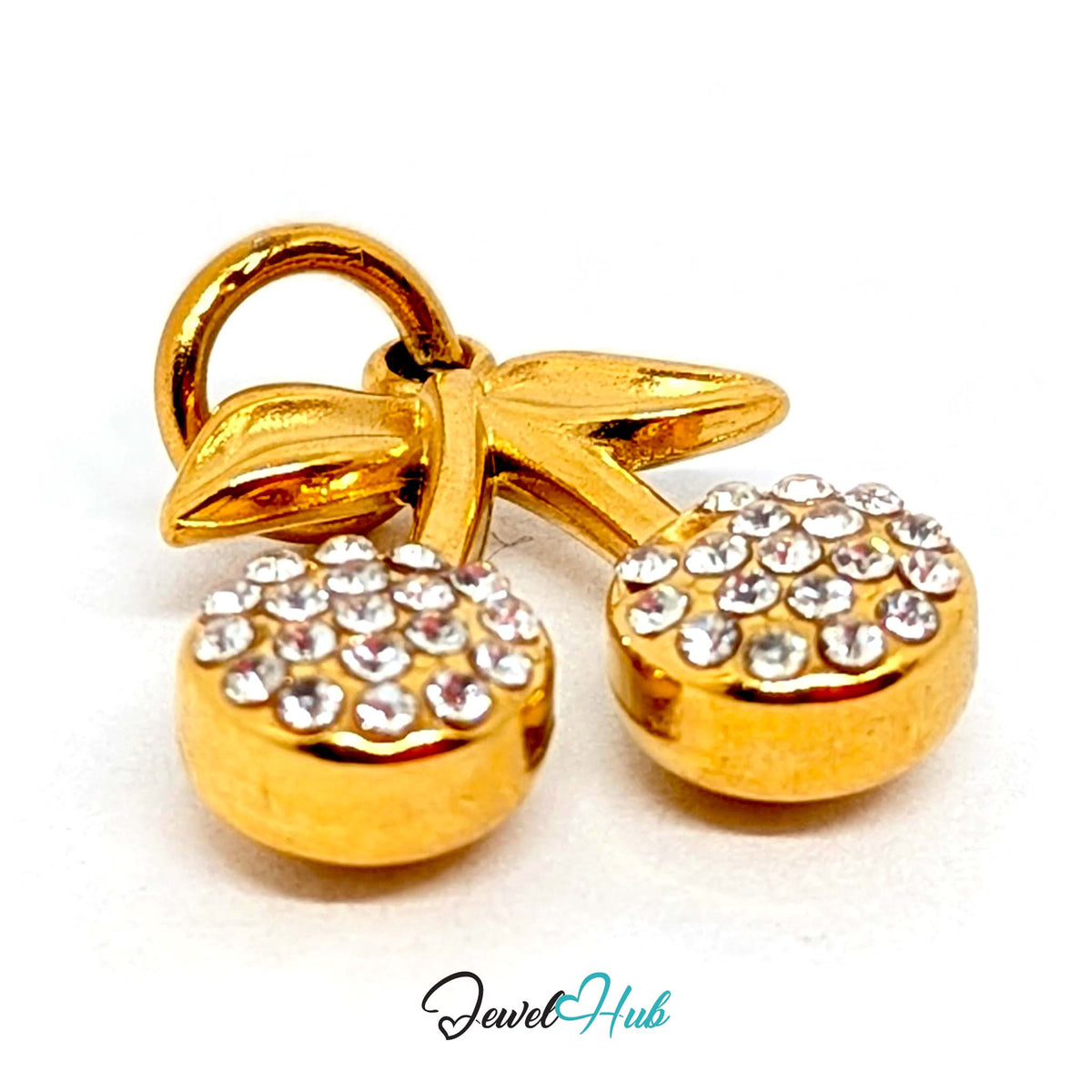 Side view of the gold-tone crystal cherry charm - JewelHub