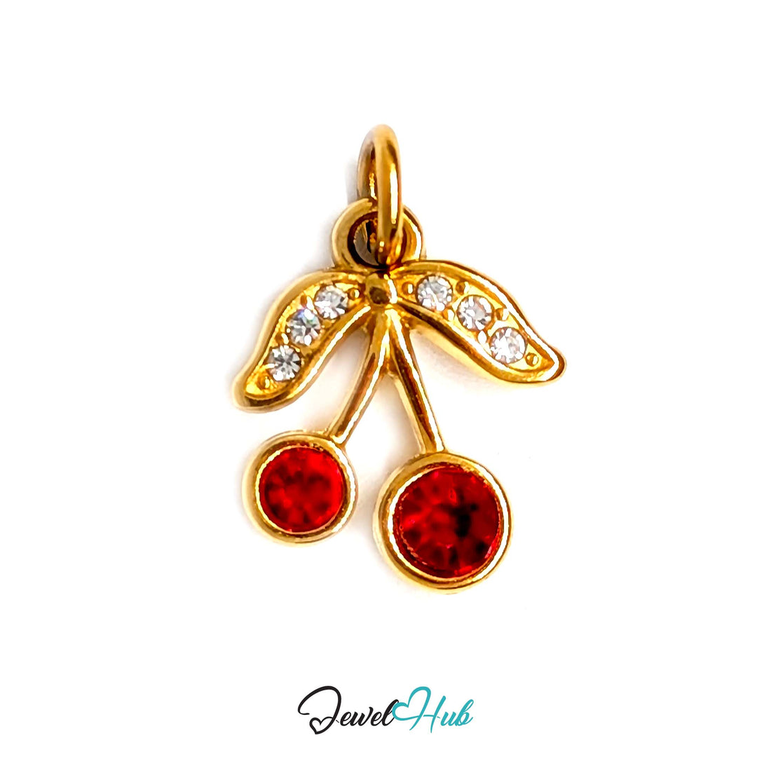 Red gem cherry charm in gold-tone stainless steel, with clear glue-set crystals - JewelHub