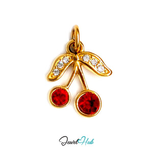 Red gem cherry charm in gold-tone stainless steel, with clear glue-set crystals - JewelHub