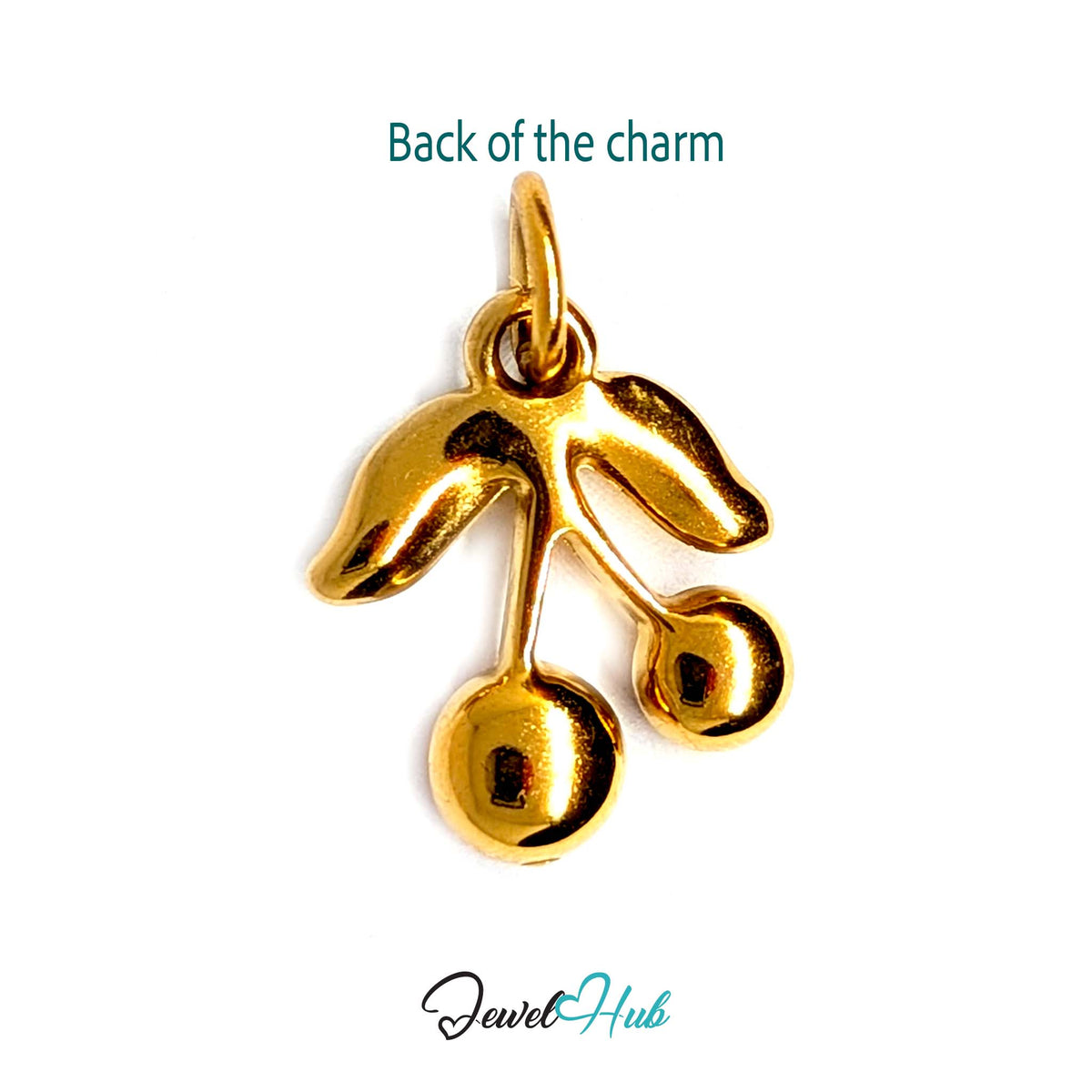 Back of the gold-tone red gem cherry charm showing the sculpted reverse - JewelHub