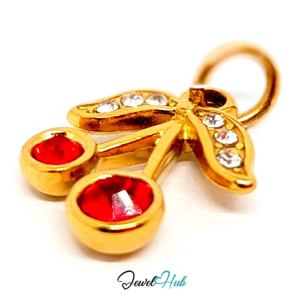 Angled view of the gold-tone red gem cherry charm - JewelHub