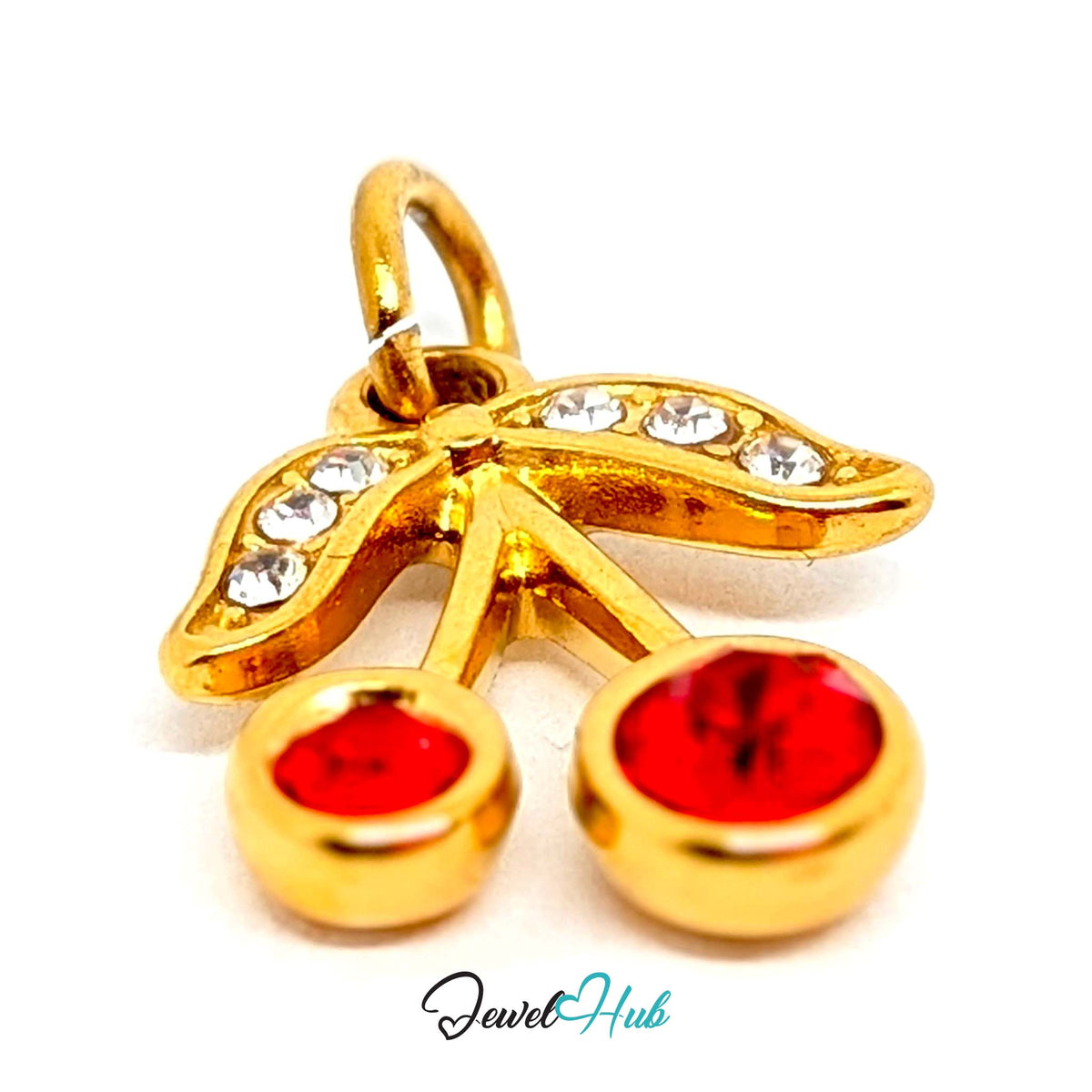 Side view of the gold-tone red gem cherry charm - JewelHub