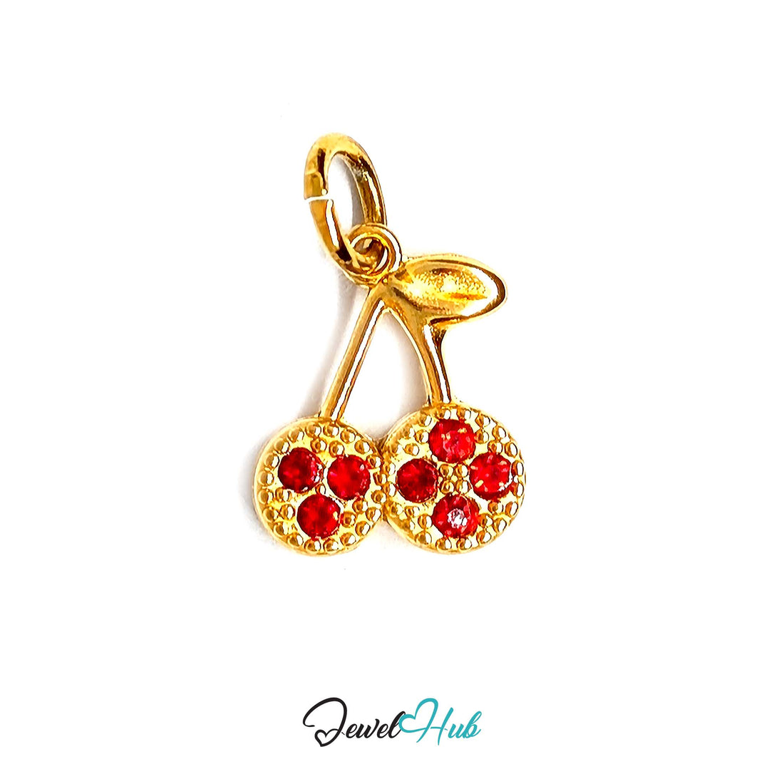 Red stone cluster cherry charm in gold-tone stainless steel, with red glue-set crystals - JewelHub