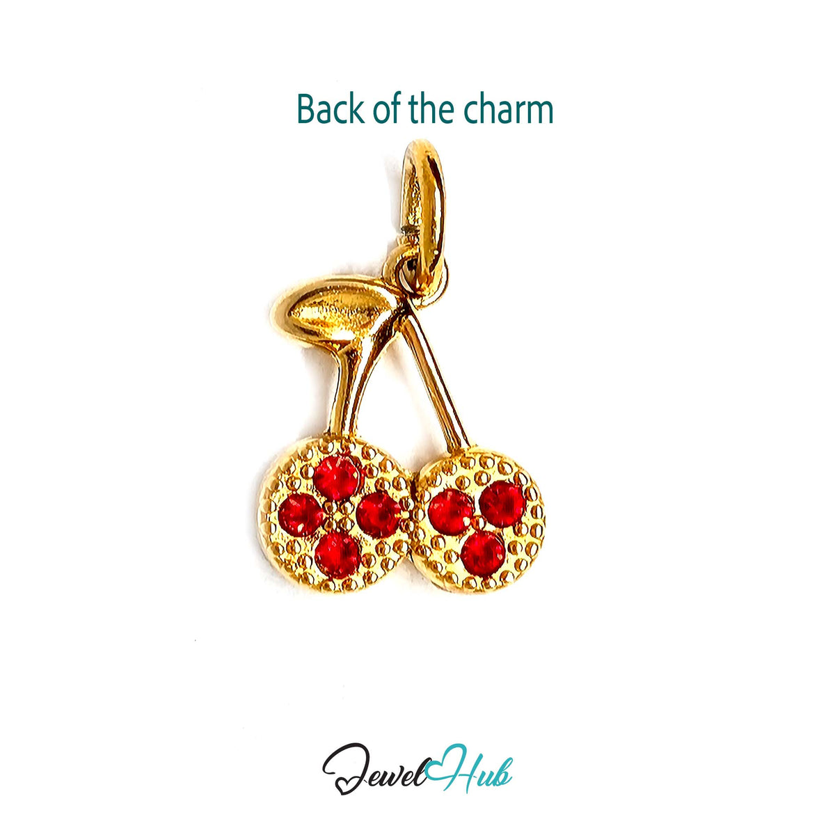 Back of the gold-tone red stone cluster cherry charm showing the sculpted reverse - JewelHub