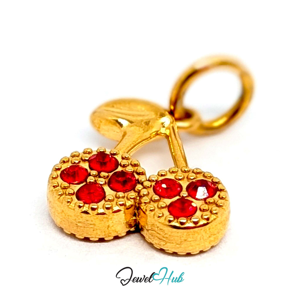 Side view of the gold-tone red stone cluster cherry charm - JewelHub