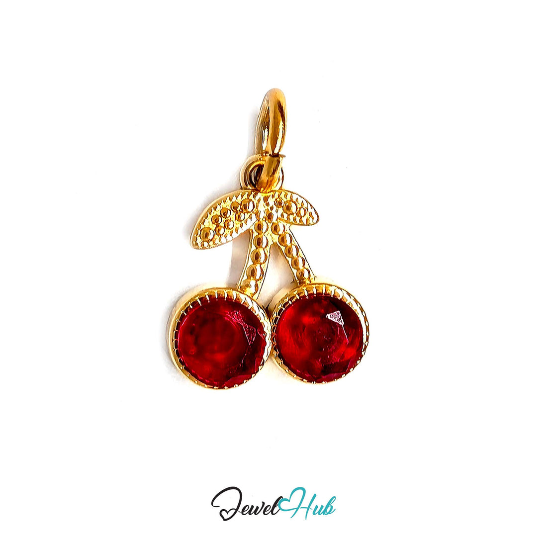 Big red gem cherry charm in gold-tone stainless steel, with red glue-set crystals - JewelHub