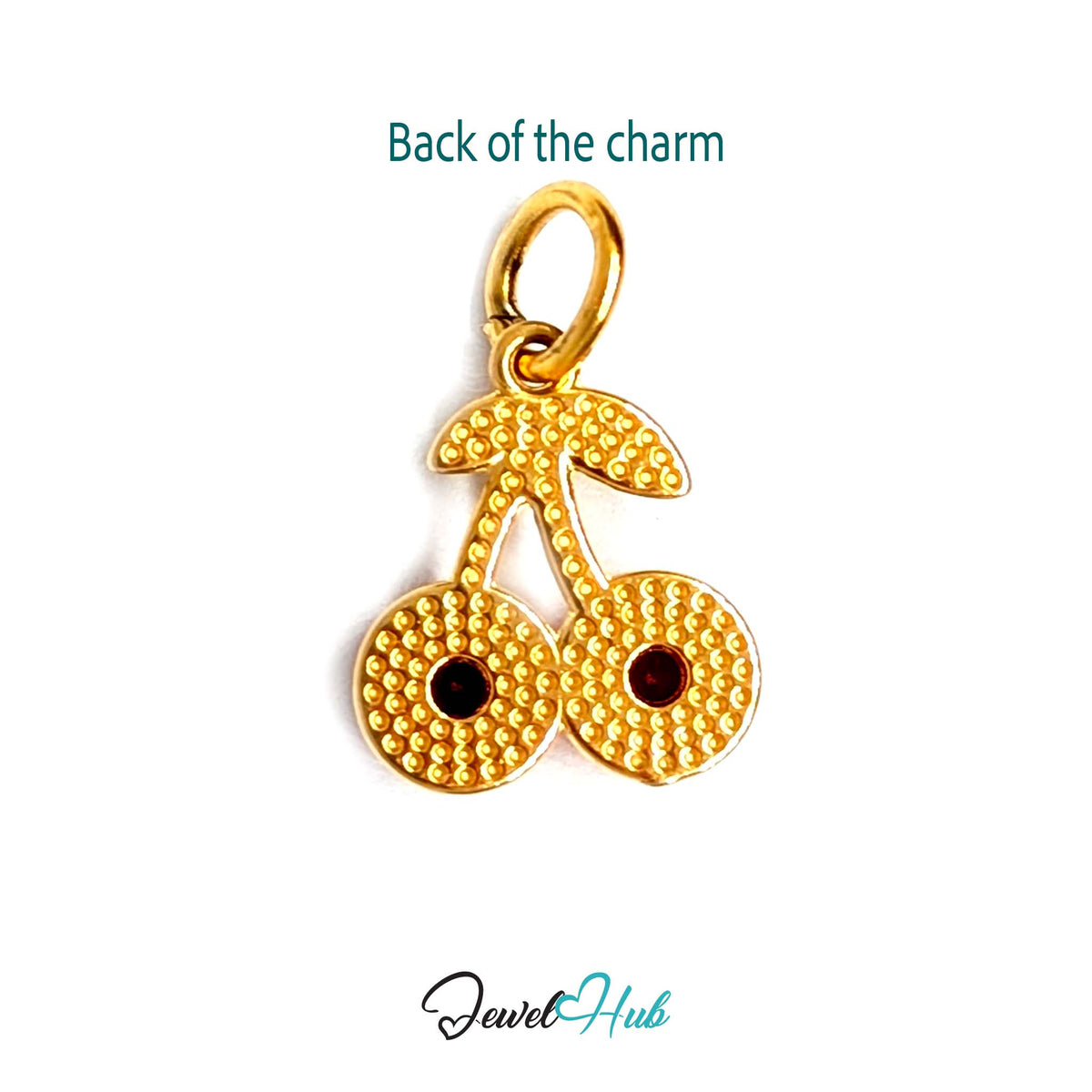 Back of the gold-tone big red gem cherry charm showing the sculpted reverse - JewelHub
