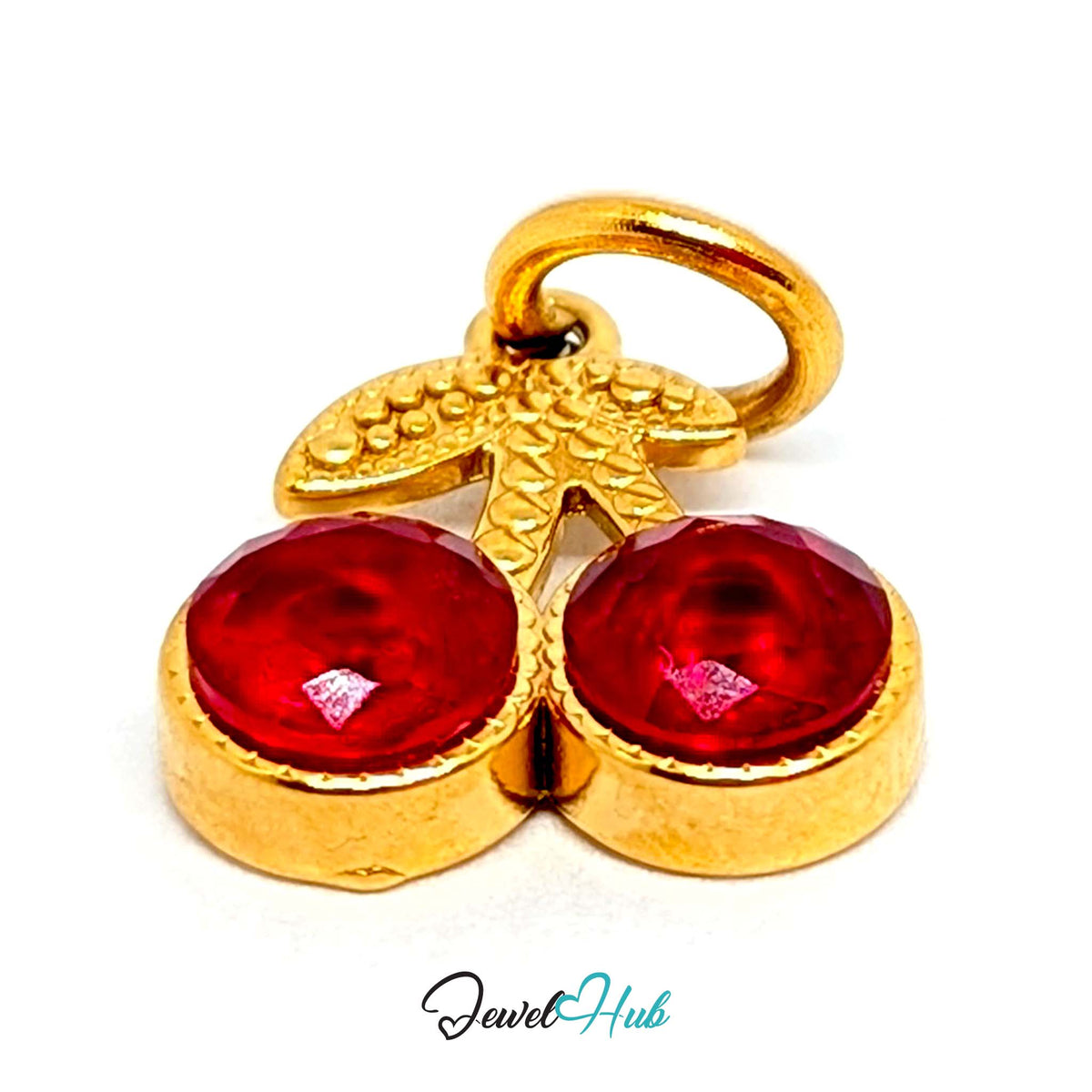 Side view of the gold-tone big red gem cherry charm - JewelHub