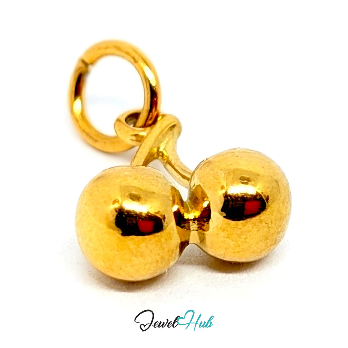 Close-up of the gold-tone polished cherry charm detail - JewelHub