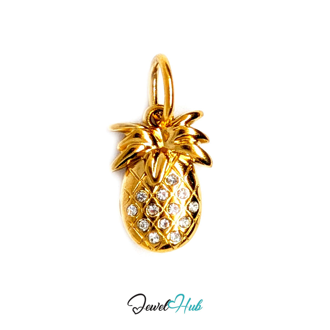 Crystal pineapple charm in gold-tone stainless steel, with clear glue-set crystals - JewelHub