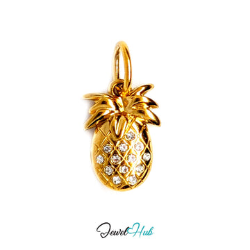 Crystal pineapple charm in gold-tone stainless steel, with clear glue-set crystals - JewelHub