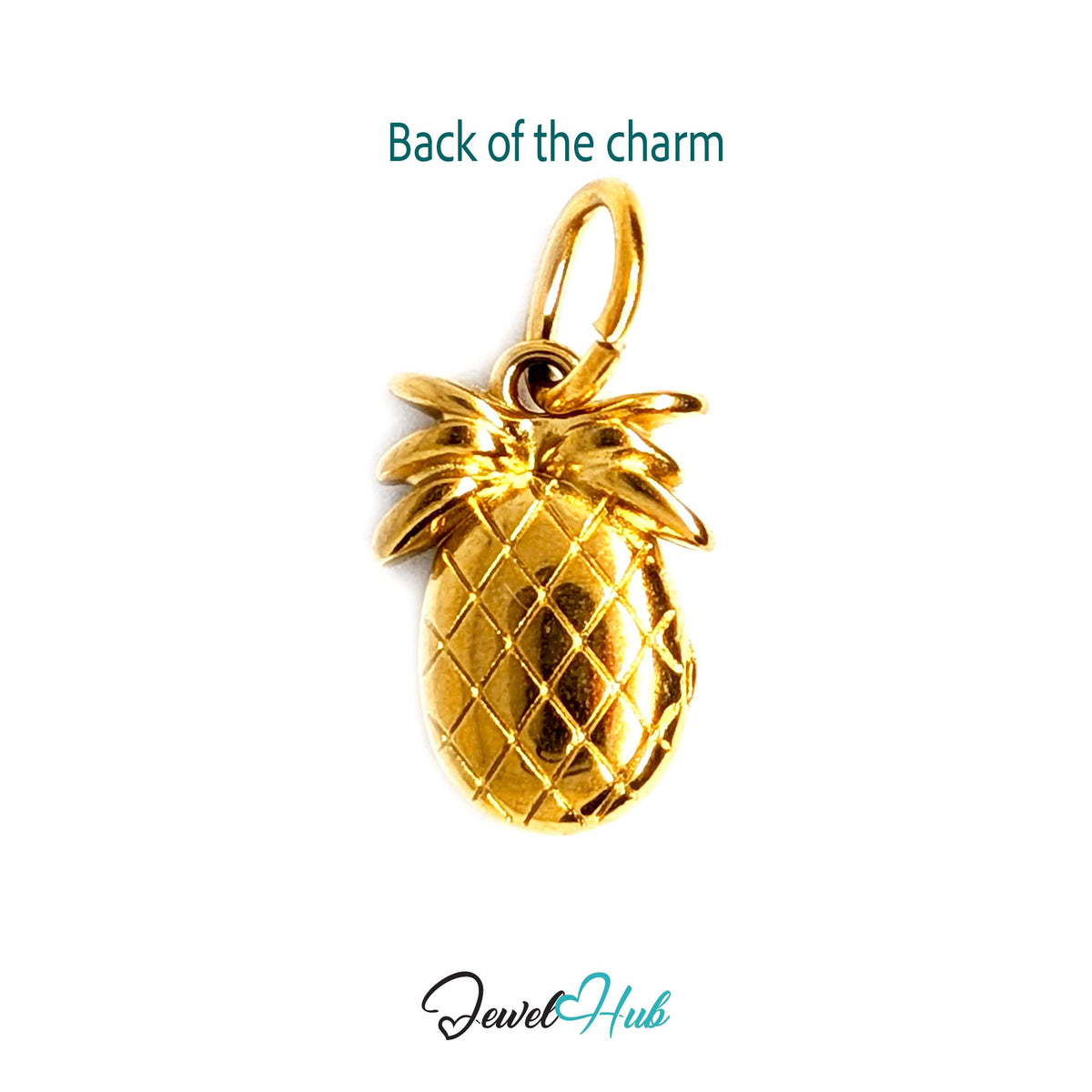 Back of the gold-tone crystal pineapple charm showing the sculpted reverse - JewelHub