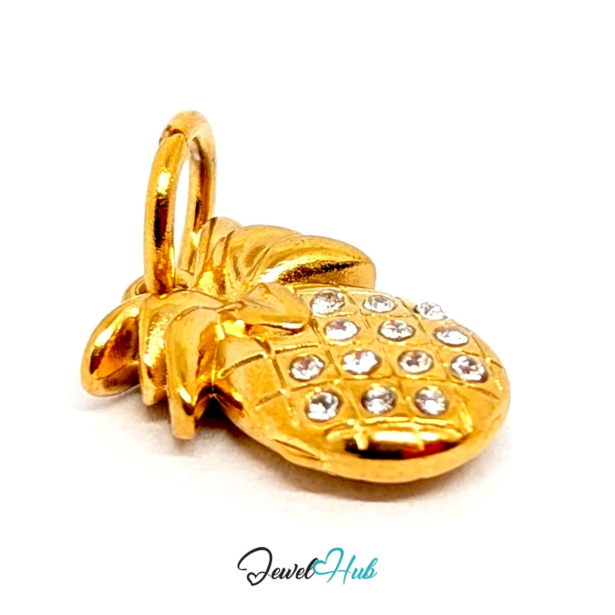Side view of the gold-tone crystal pineapple charm - JewelHub