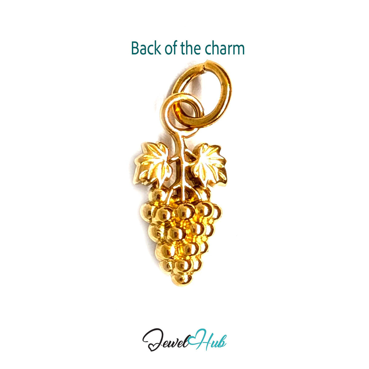 Back of the gold-tone grape bunch with leaves charm showing the sculpted reverse - JewelHub