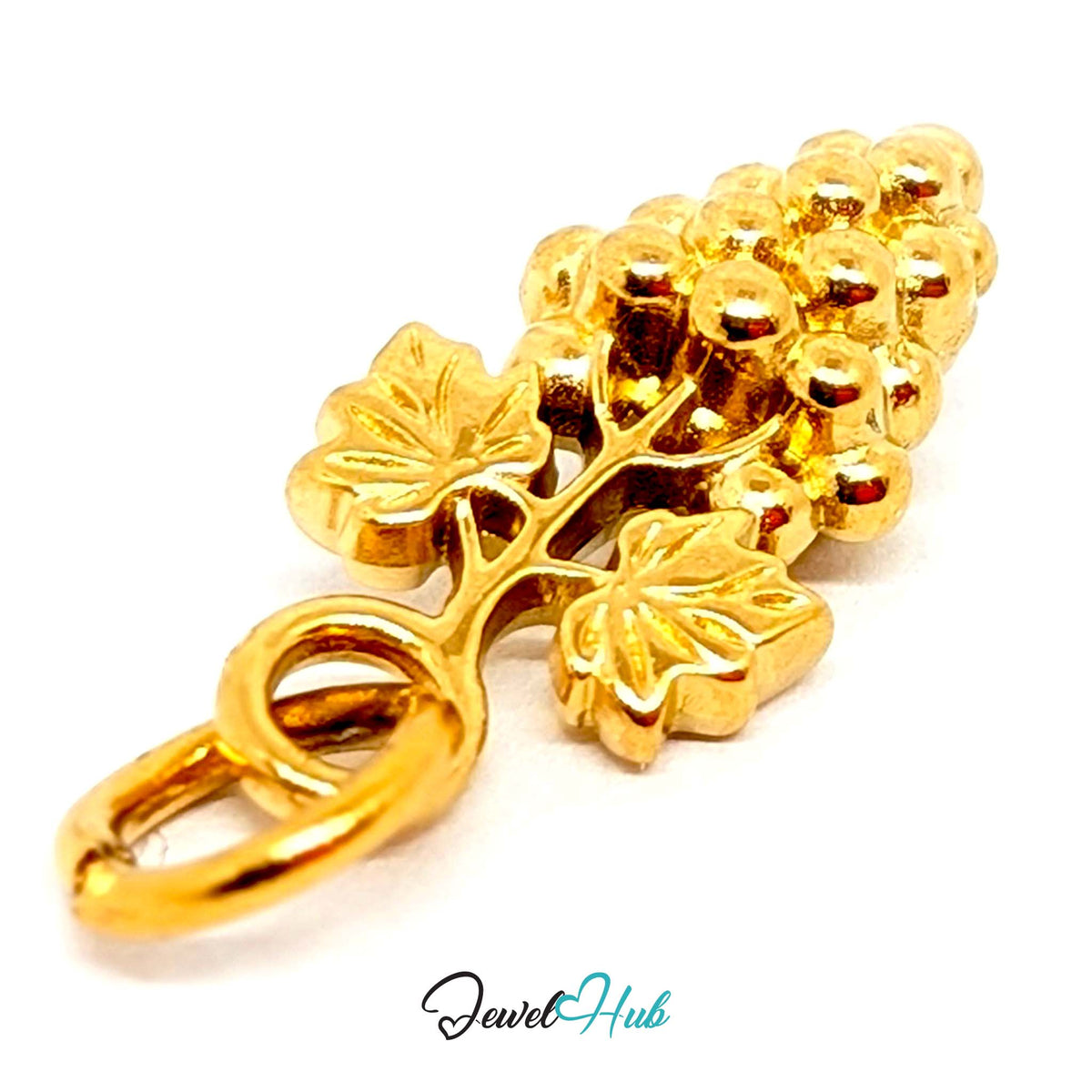 Close-up of the gold-tone grape bunch with leaves charm detail - JewelHub