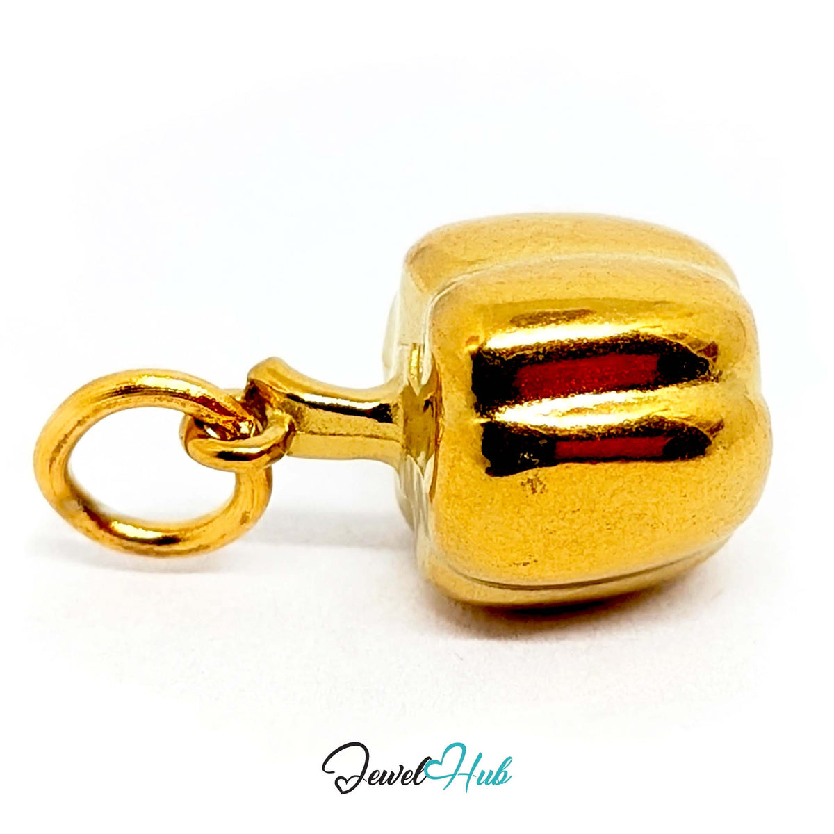 Angled view of the gold-tone bell pepper charm - JewelHub