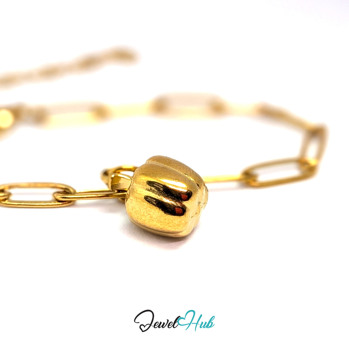 Gold-tone bell pepper charm styled on a gold paperclip chain bracelet - JewelHub