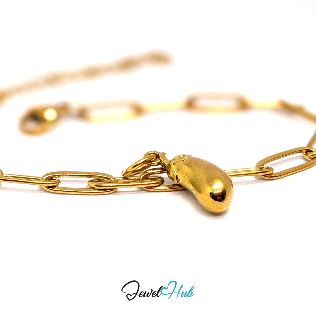 Gold-tone aubergine charm styled on a gold paperclip chain bracelet - JewelHub