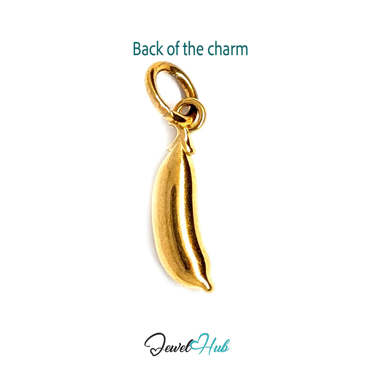 Back of the gold-tone pea pod charm showing the sculpted reverse - JewelHub