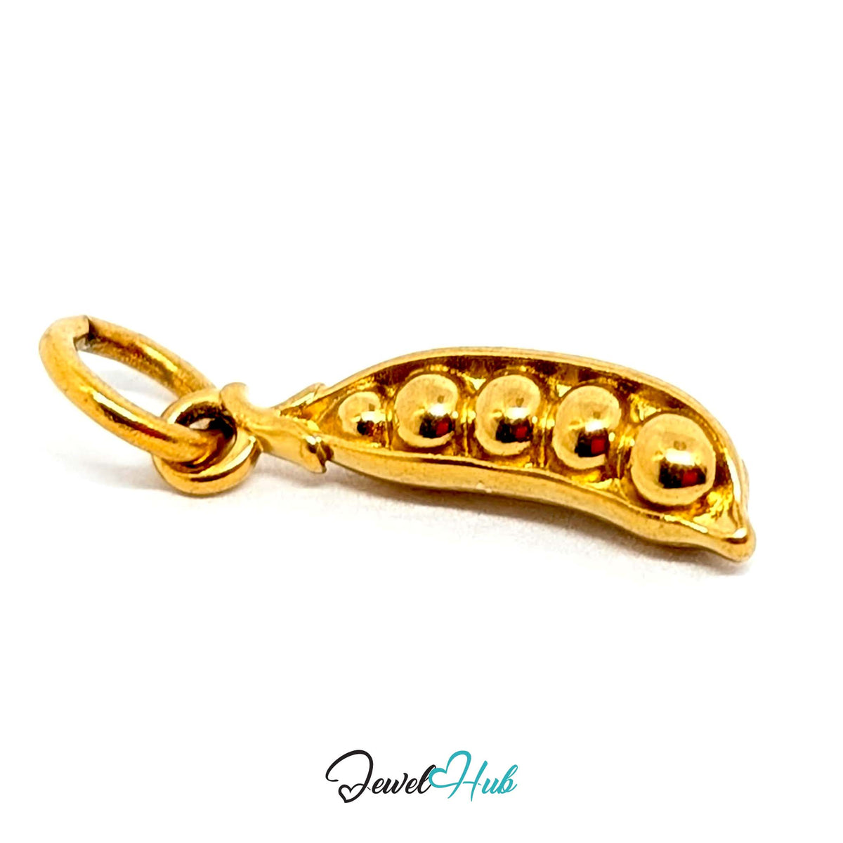 Angled view of the gold-tone pea pod charm - JewelHub