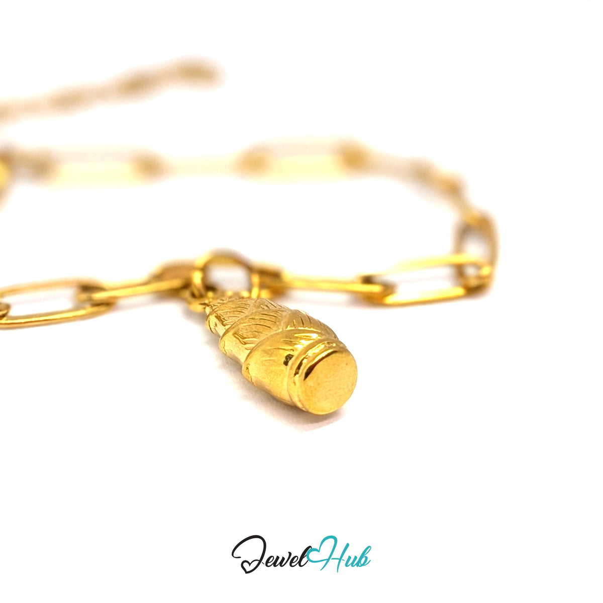 Gold-tone corn in husk charm styled on a gold paperclip chain bracelet - JewelHub