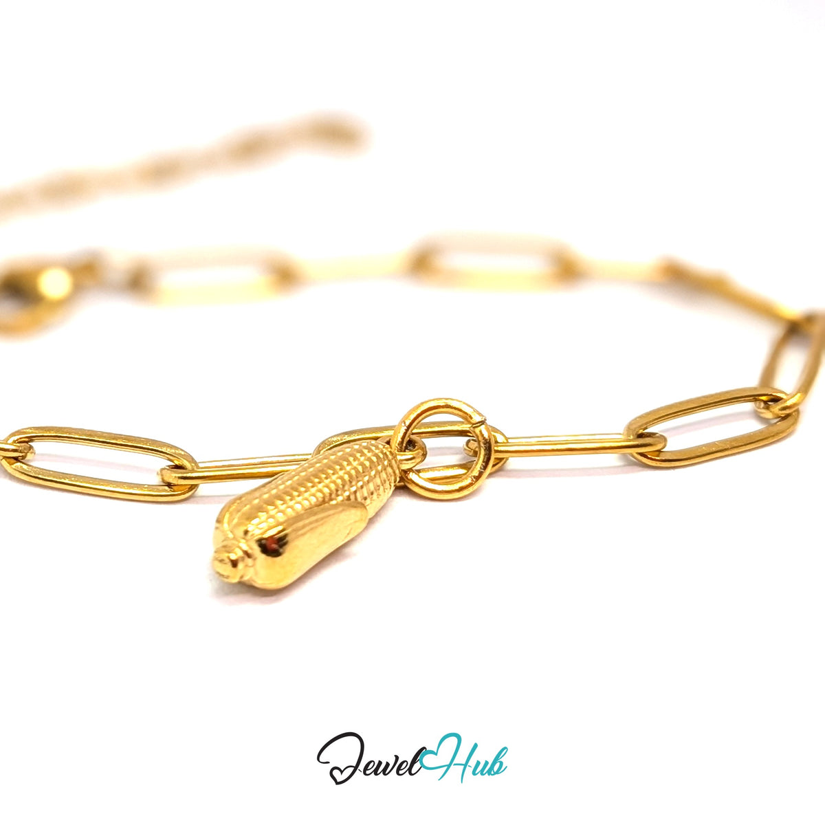 Gold-tone corn on the cob charm styled on a gold paperclip chain bracelet - JewelHub