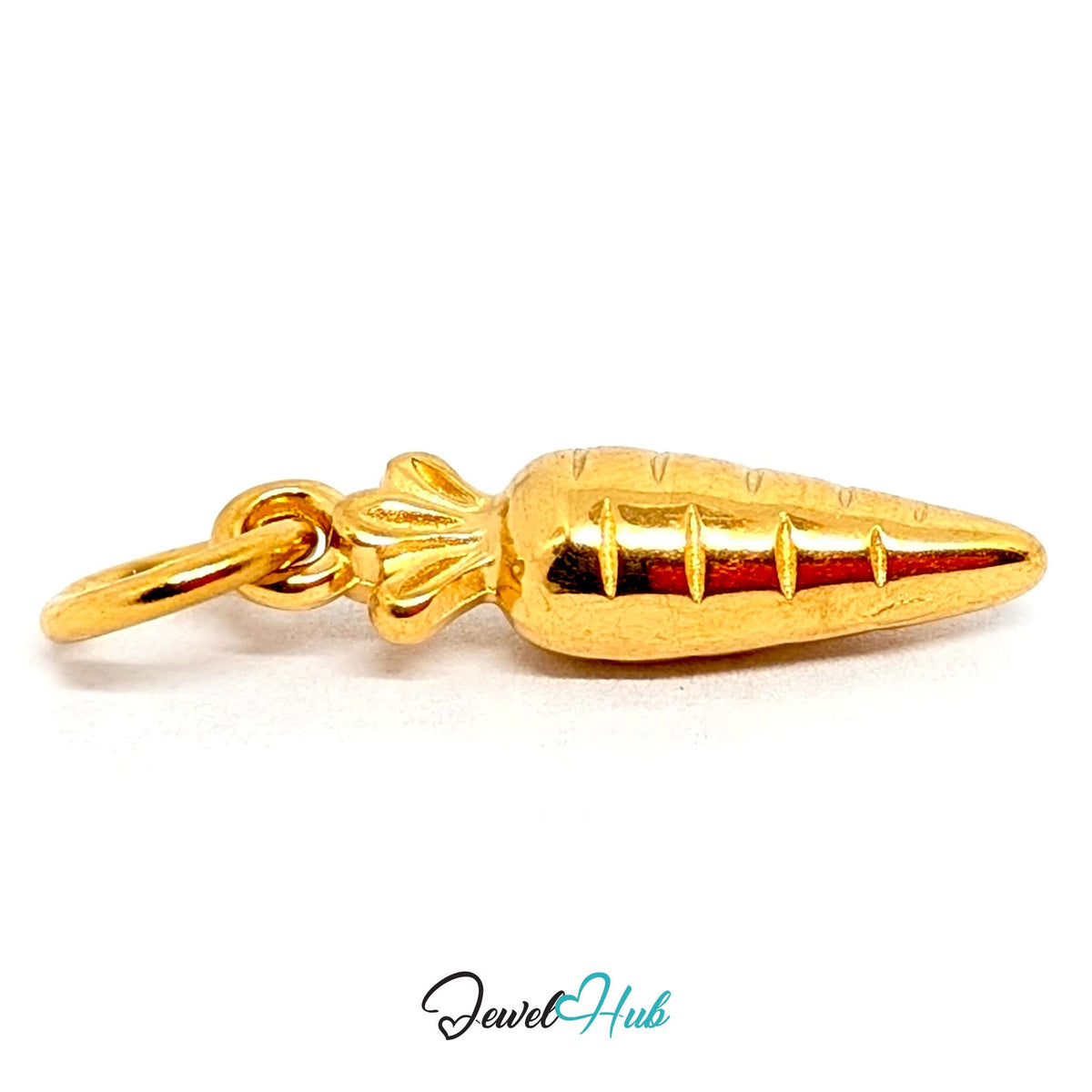 Angled view of the gold-tone mini carrot charm - JewelHub