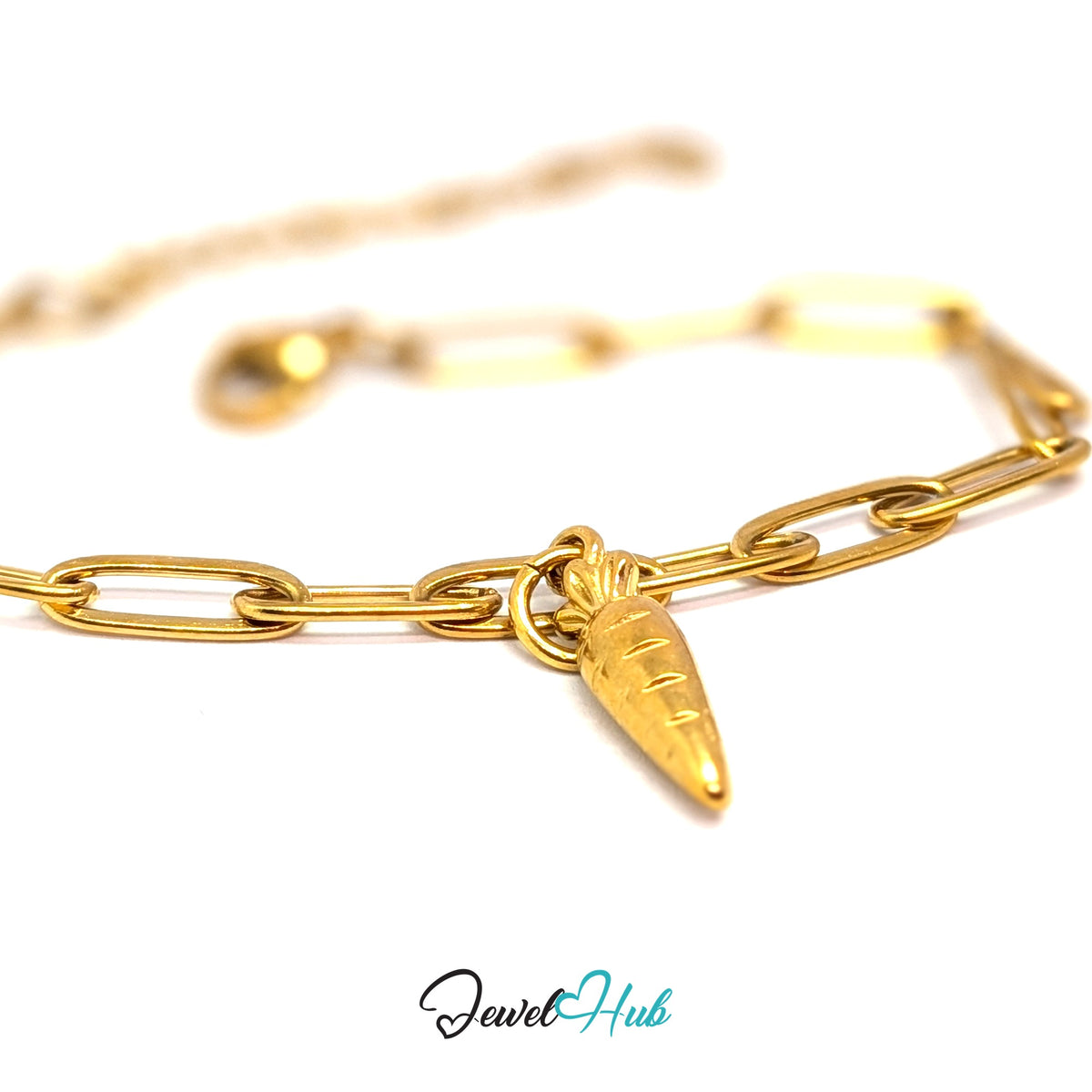 Gold-tone mini carrot charm styled on a gold paperclip chain bracelet - JewelHub