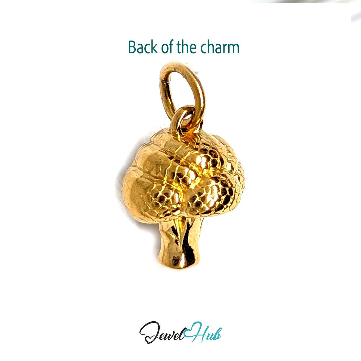 Back of the gold-tone 3D broccoli charm showing the sculpted reverse - JewelHub